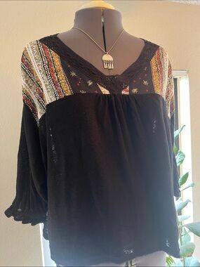Free People Black Boho Tunic with Multicolor Embroidered Yoke